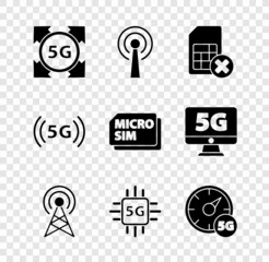 Set 5G network, Antenna, Sim card rejected, Processor, Digital speed meter, and Micro Card icon. Vector