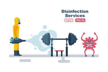 Fototapeta na wymiar Disinfection gym. Cleaning fitness center. Prevention of covid 2019. Specialist in hazmat suit disinfecting coronavirus. Vector illustration flat design. Isolated background. Disinfection of workplace