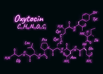 Human hormone oxytocin periodic element concept chemical skeletal formula icon label, text font neon glow vector illustration, isolated on black.
