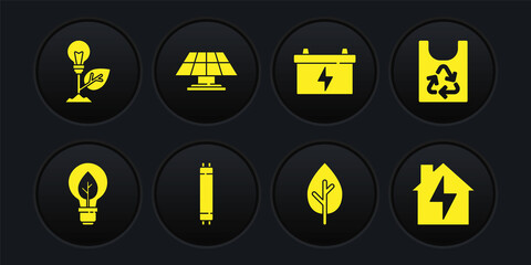 Set Light bulb with leaf, Plastic bag recycle, Fluorescent lamp, Tree, Car battery, Solar energy panel, House and lightning and icon. Vector