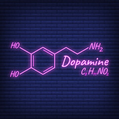 Human hormone dopamine concept chemical skeletal formula icon label, text font neon glow vector illustration, isolated on black. Periodic element.