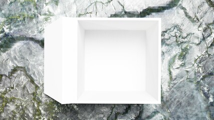 white box with rock background