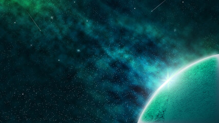 Abstract green planet in the cosmic sky. Universe. Space background.