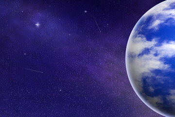 Abstract blue planet in the cosmic sky. Universe. Space background.