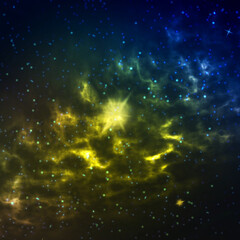 Cosmic, starry sky, with a bright star. Universe. Square orientation. Space background.