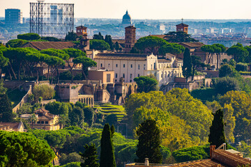 Distant view at Basilica Santi Bonifacio e Alessio on Aventine hill in Rome, Italy