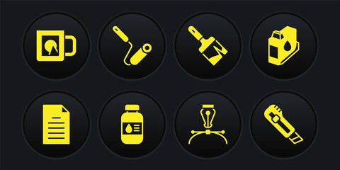 Set File document, Printer ink cartridge, bottle, Fountain pen nib, Paint brush, roller, Stationery knife and Coffee cup icon. Vector