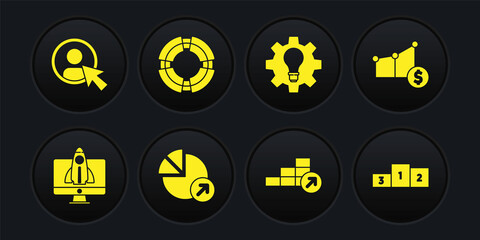 Set Startup project concept, Pie chart and dollar, Financial growth, Light bulb gear, Business lifebuoy, podium and Create account screen icon. Vector