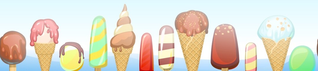Various ice cream. Horizontal seamless background illustration. In waffle cups and cones. Frost cold. Creamy and chocolatey. Popsicle on a stick. Dairy and fruit product. Vector