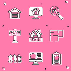 Set Garage, Location with house, Search, Hanging sign Sale, House plan, Garden fence wooden and Online real estate icon. Vector