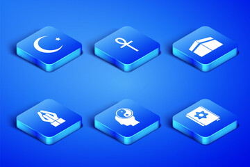 Set Jewish torah book, Star and crescent, Yin Yang, Hands praying position, Cross ankh and Kaaba mosque icon. Vector