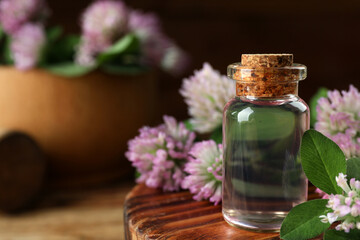 Beautiful clover flowers and bottle of essential oil on wooden board, closeup. Space for text