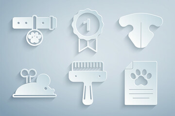 Set Hair brush for dog and cat, Cat nose, Clockwork mouse, Clinical record pet, Dog award symbol and Collar with name tag icon. Vector