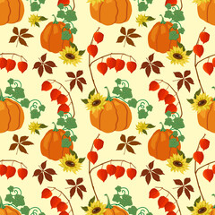 Autumn design seamless pattern. Pumpkins, autumn leaves, physalis and yellow sunflowers on pastel background. The vector illustration is scalable to any size. For fabric, covers, wallpaper, packaging