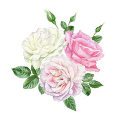 Watercolor flower arrangement of white and pink roses with leaves and buds