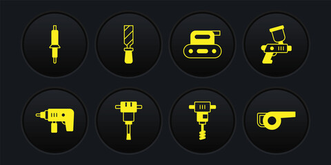 Set Electric drill machine, Paint spray gun, Construction jackhammer, Electrical hand concrete mixer, planer tool, Rasp metal file, Leaf garden blower and Soldering iron icon. Vector