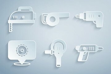 Set Angle grinder, Electric cordless screwdriver, Circular saw blade, Leaf garden blower and jigsaw icon. Vector