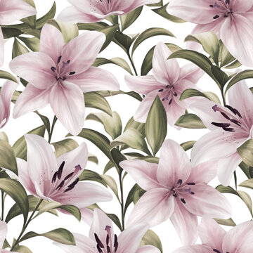 Lily. Seamless floral patten. Flowers and leaves on white background