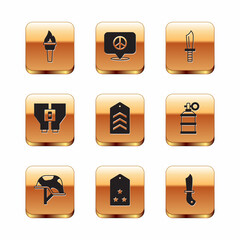 Set Torch flame, Military helmet, rank, Chevron, Binoculars, knife, and Location peace icon. Vector