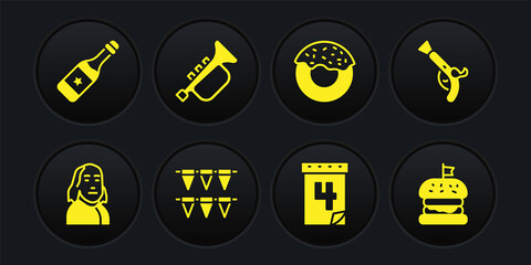 Set Benjamin Franklin, Vintage pistols, Carnival garland with flags, Calendar date July 4, Donut, Trumpet, Burger and Champagne bottle icon. Vector