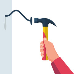 Bent nail and hammer. Hammer in hand. Newbie in work on the house. Wooden plate with nail. Vector illustration flat design. Isolated on white background.