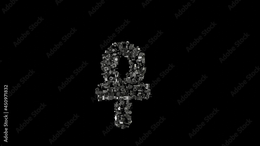 Poster 3d rendering mechanical parts in shape of symbol of ankh isolated on black background