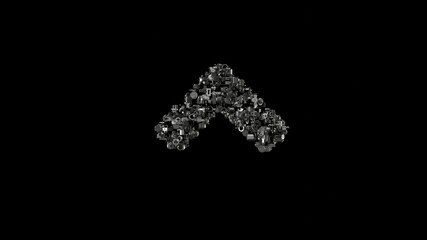 3d rendering mechanical parts in shape of symbol of angle up isolated on black background