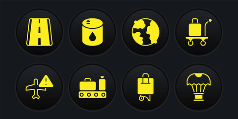 Set Warning aircraft, Trolley baggage, Conveyor belt with suitcase, Suitcase, Worldwide, Barrel oil, Box flying parachute and Airport runway icon. Vector