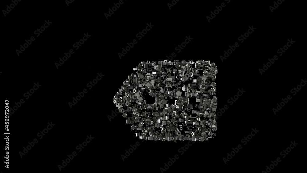 Poster 3d rendering mechanical parts in shape of symbol of left arrow isolated on black background
