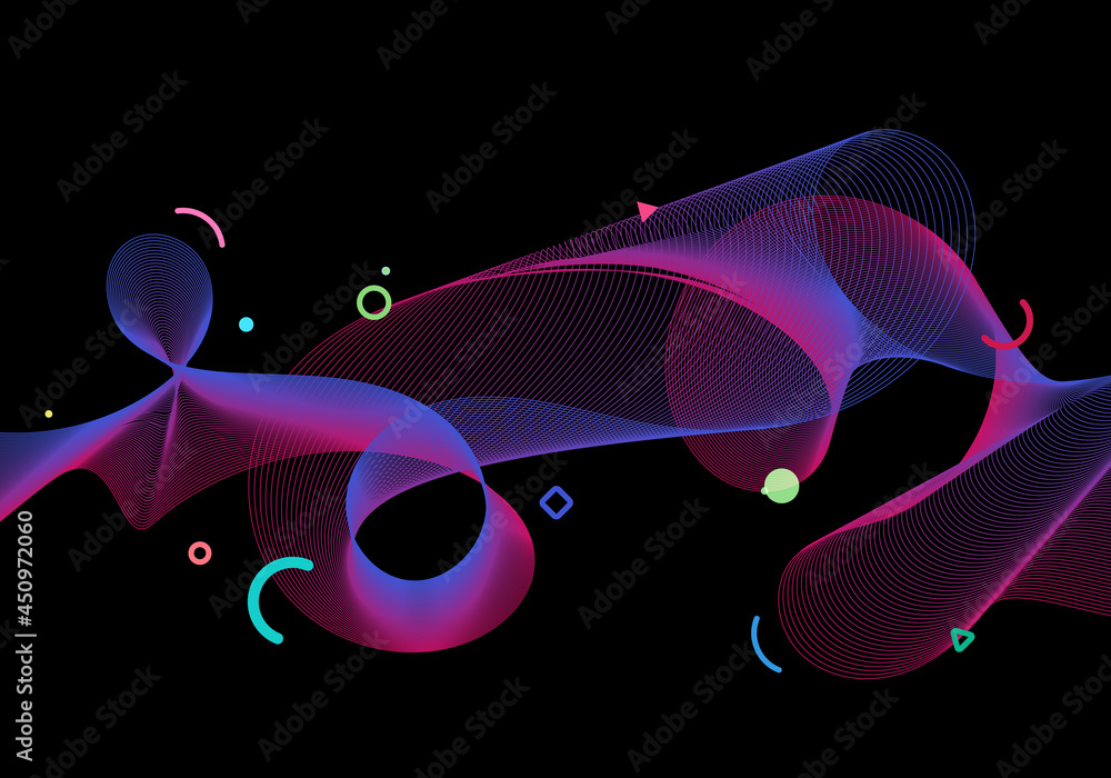 Poster abstract vibrant color particles wave lines with circles geometric elements on black background