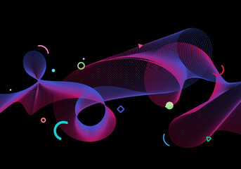 Abstract vibrant color particles wave lines with circles geometric elements on black background