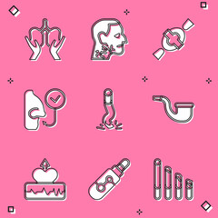 Set Lungs, Throat cancer, Candy, Healthy breathing, Cigarette butt, No pipe smoking, Heartbeat increase and Electronic cigarette icon. Vector