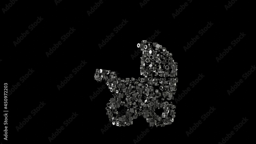 Poster 3d rendering mechanical parts in shape of symbol of baby stroller isolated on black background