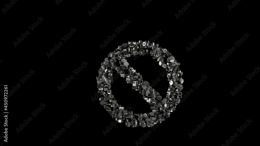 Poster 3d rendering mechanical parts in shape of symbol of ban isolated on black background
