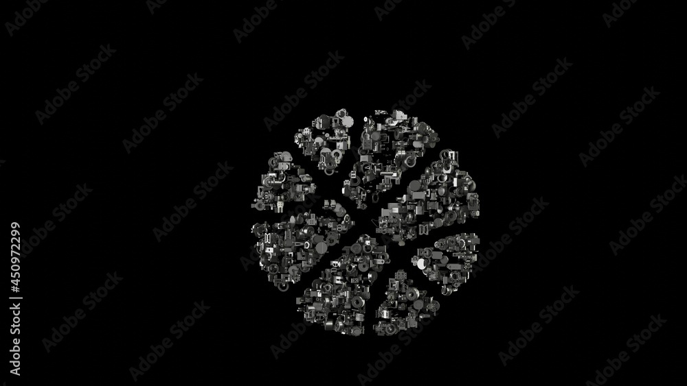 Poster 3d rendering mechanical parts in shape of symbol of basketball ball isolated on black background