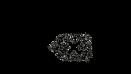 3d rendering mechanical parts in shape of symbol of backspace isolated on black background