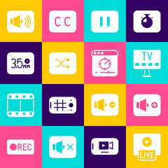 Set Live stream, Speaker volume, Smart Tv, Pause button, Arrow shuffle, Audio jack, and Online play video icon. Vector