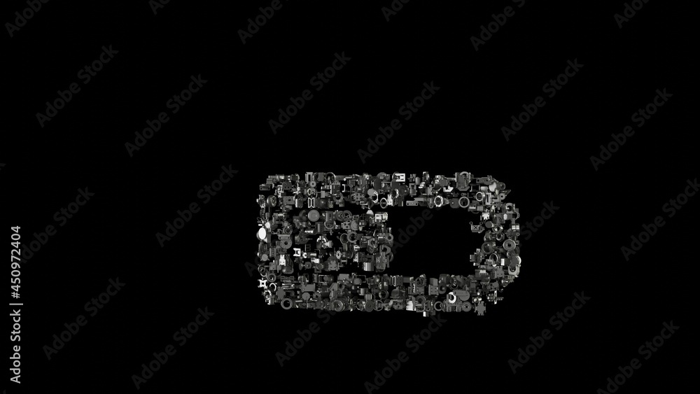 Poster 3d rendering mechanical parts in shape of horizontal symbol of battery half isolated on black backgr