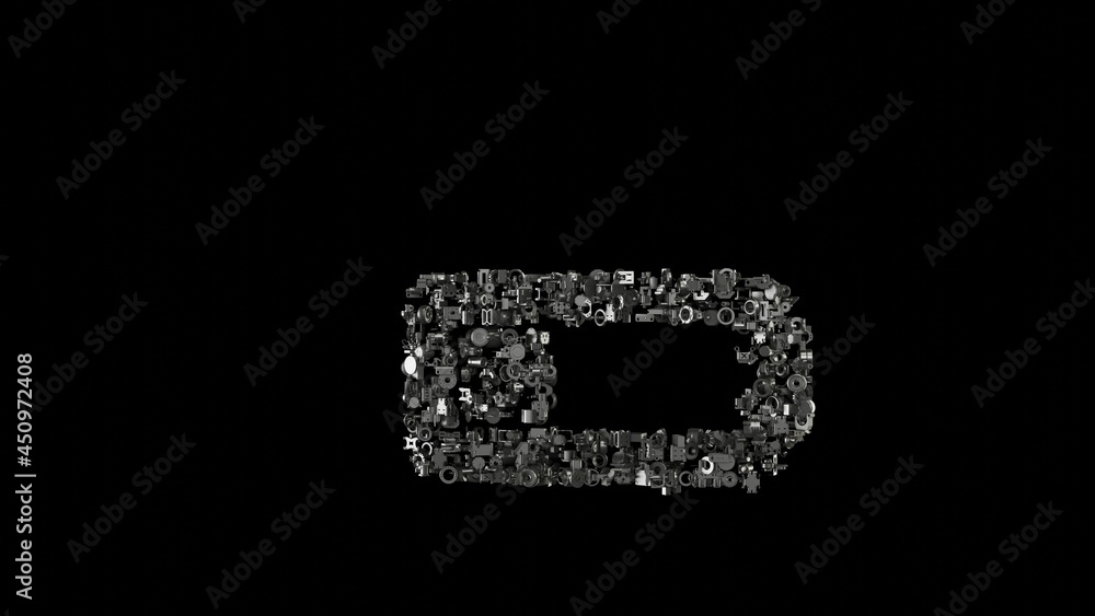 Poster 3d rendering mechanical parts in shape of horizontal symbol of battery quarter isolated on black bac