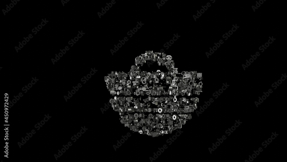 Poster 3d rendering mechanical parts in shape of symbol of beach bag isolated on black background