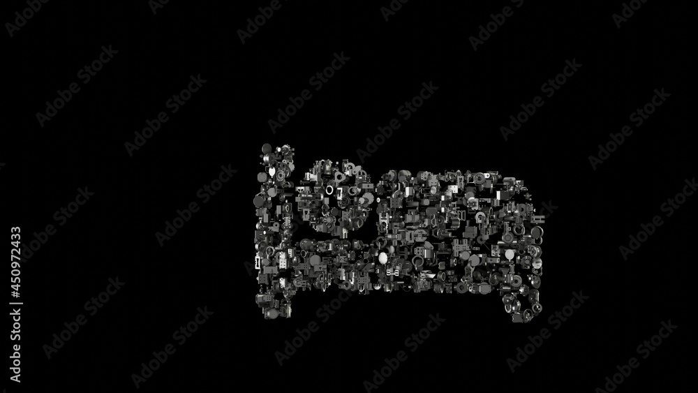 Poster 3d rendering mechanical parts in shape of symbol of bed isolated on black background