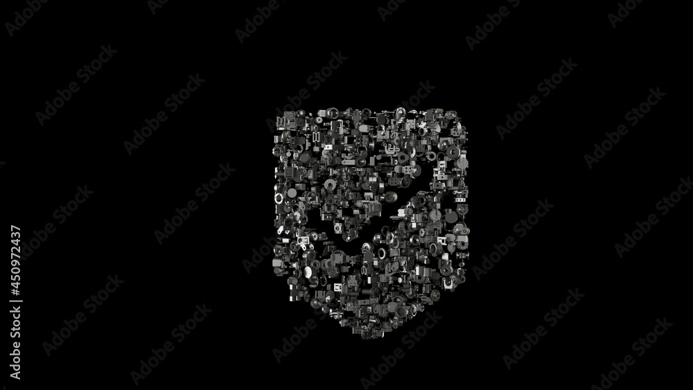 Poster 3d rendering mechanical parts in shape of symbol of been here marker isolated on black background