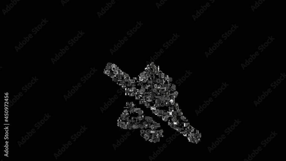 Poster 3d rendering mechanical parts in shape of symbol of bell slash isolated on black background