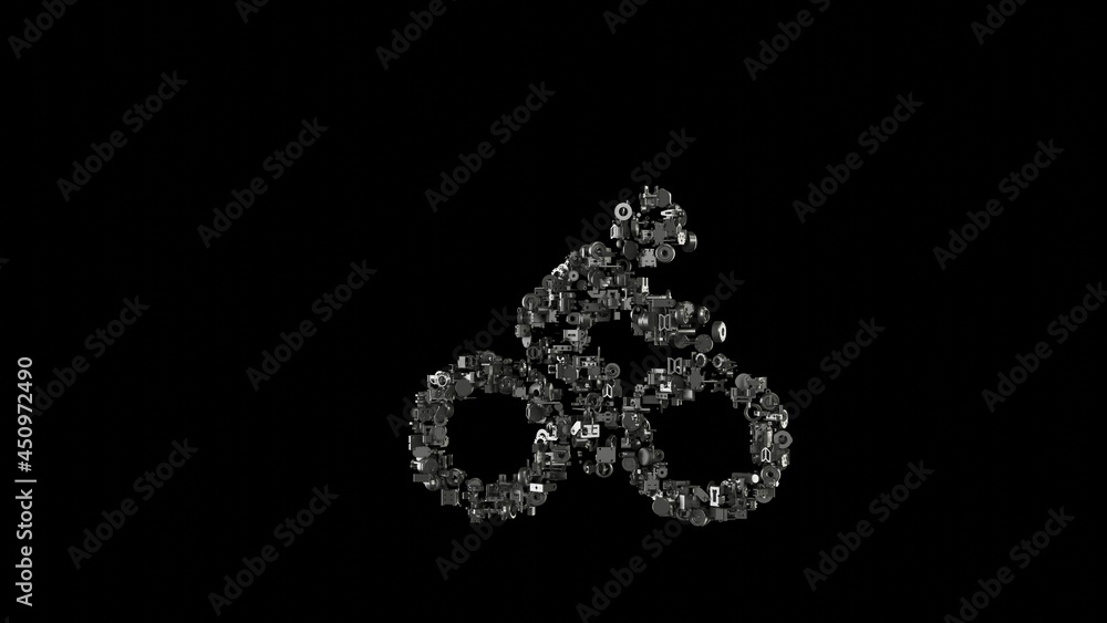 Poster 3d rendering mechanical parts in shape of symbol of bike with rider isolated on black background