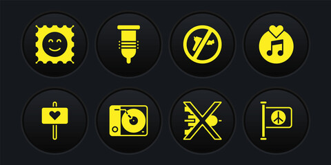 Set Peace, Vinyl disk, player, No war, Condom, Flag peace and LSD acid mark icon. Vector