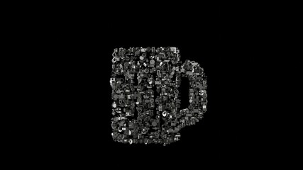 3d rendering mechanical parts in shape of symbol of glass of beer isolated on black background