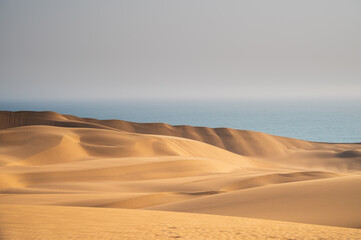 Surreal natural landscape of desert and sea. The topography of the Atlantic coast of Africa. Areas with scarce water resources. Popular travel destination in Namibia.