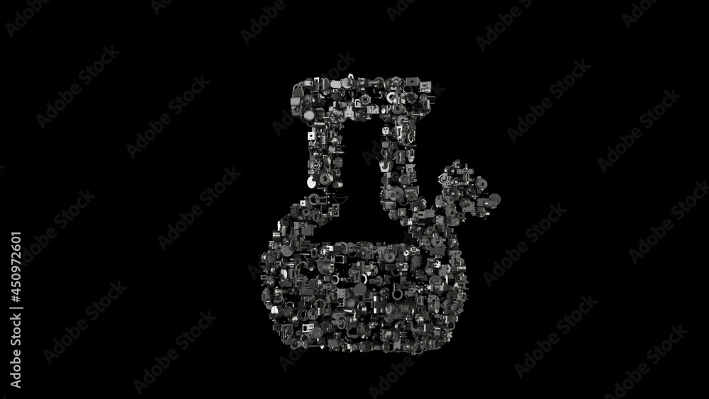 Poster 3d rendering mechanical parts in shape of symbol of bong isolated on black background