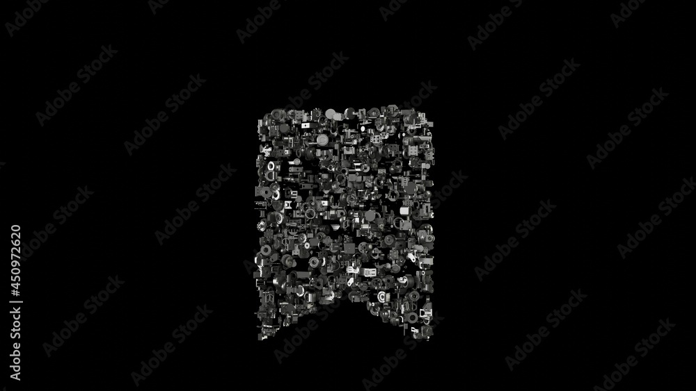 Poster 3d rendering mechanical parts in shape of symbol of bookmark isolated on black background