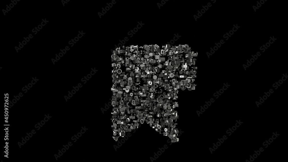 Poster 3d rendering mechanical parts in shape of symbol of bookmark isolated on black background